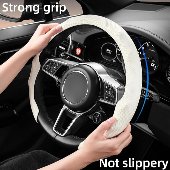 Universal 15 Inch Premium Nappa Leather Steering Wheel Cover - Non-Slip, Soft Comfortable Grip, Easy Install for Most Cars (Mocha Brown)