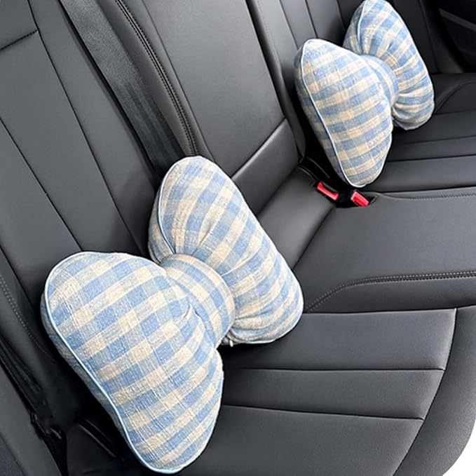 Car Accessories Plaid Bow Headrest Lumbar Pillow 4PCs Set Cotton Linen Elegant Soft Car Seat Cushions for Daily Commuting Trave (Blue Plaid,4pcs)