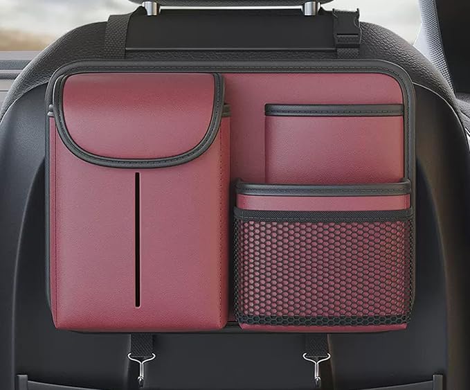 Premium Leather Car Seat Back Organizer with Cup and Tissue Holder, Multi-Pocket Storage with Adjustable Straps for SUVs, Trucks, Sedans (Red)