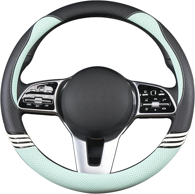 Cute Steering Wheel Cover for Women Men Leather Universal 15 inch,Black and Green