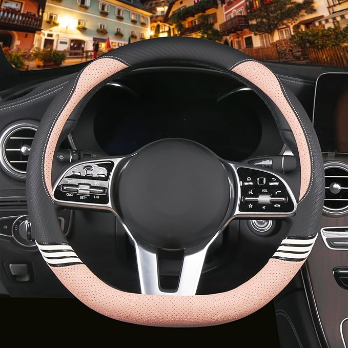 14 inch Cute D Shaped Steering Wheel Cover for Women Men Faux Leather and Carbon Fiber,Black and Pink