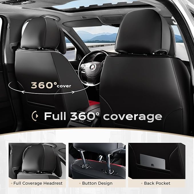 Coverado Seat Covers Full Set, 5 Seats Seat Covers for Cars, Waterproof Nappa Leather Car Seat Covers with Head Pillow, Seat Protectors Car Seat Cushion Universal Fit for Most Cars (Black&Red)