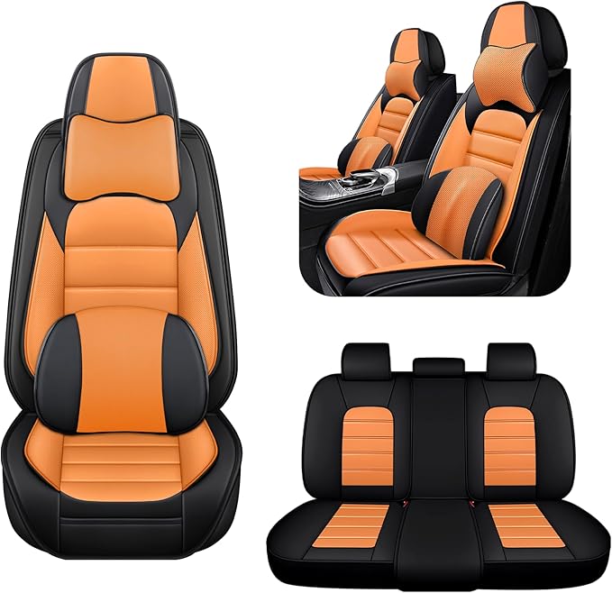 AREKA 5 Car Seat Covers for Honda Accord 2003-2026 Breathable Leather,Waterproof Car Seat Protectors with Comfort Headrest Pillows,Automotive Vehicle Cushion with Storage Pockets (Luxury,Orange)
