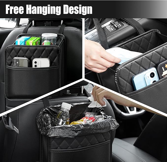 Foldable Car Seat Back Organizer, Large Capacity Hanging Car Backseat Storage Bag with Cup Holders, PU Leather Waterproof Car Trash Bag Can, Car Travel Accessories for Most Vehicles (1PC)
