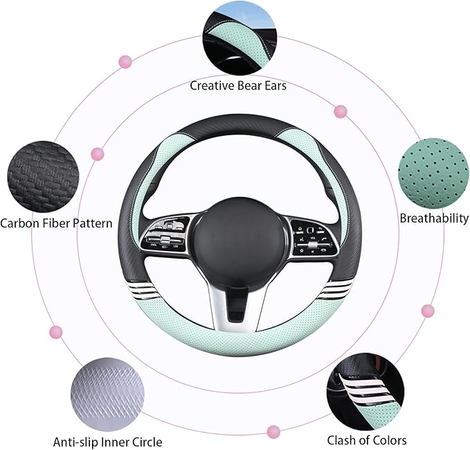 Cute Steering Wheel Cover for Women Men Leather Universal 15 inch,Black and Green