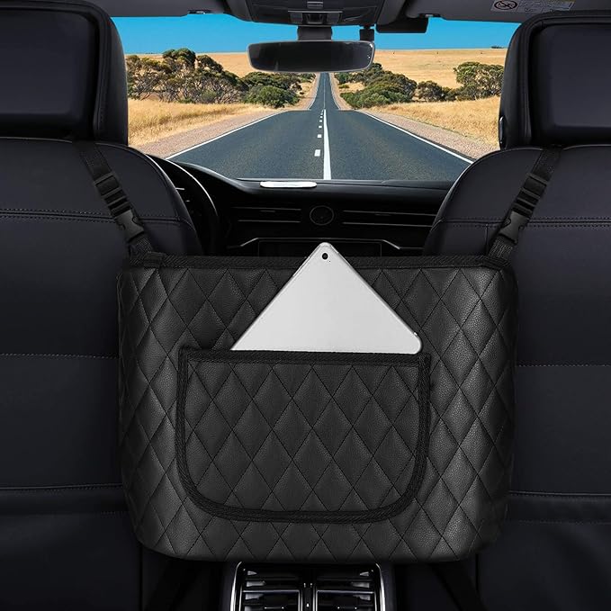 Car Pocket Handbag Holder, Seat Back Organizer Mesh with Premium Leather, Car Storage for Purse Holder, Barrier of Backseat Pet Kids Attaches to Headrest (Black+Pocket)