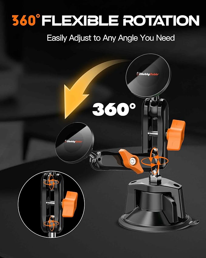 chubbycable ChubbyGrip Magnetic Dash Mount Vacuum Magnetic Phone Holder for Your Car 360° Adjustable Suction Cup Car Phone Mount for Windshield Dashboard, Magnetic Phone Holder, Orange
