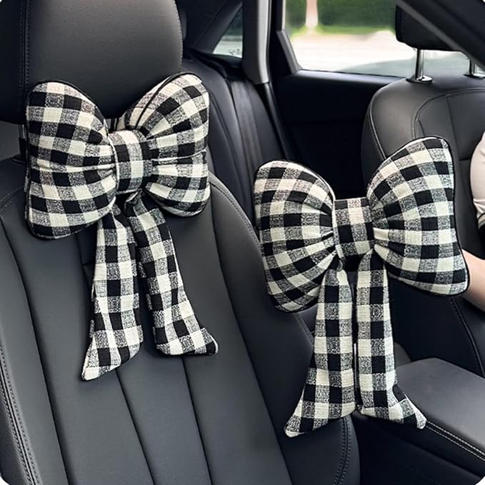 Car Accessories Plaid Bow Headrest Lumbar Pillow 4PCs Set Cotton Linen Elegant Soft Car Seat Cushions for Daily Commuting Trave (Black Plaid,4pcs)