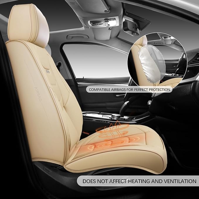 WENNFOUR Car Seat Covers Front Seats Only, Universal Luxury Automotive Car Seat Protector 2 Pack, Waterproof Breathable Leather Car Seat Cushion for Most Vehicles SUV Pick-up Truck, Beige