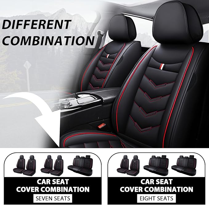 MVRVMV 3 Row 7 Seater Seat Covers for Ford Explorer 2012-2026, Airbag Compatible Front and Rear Split Bench Leather Auto Seat Protectors (7 Seat Standard, Black-Red