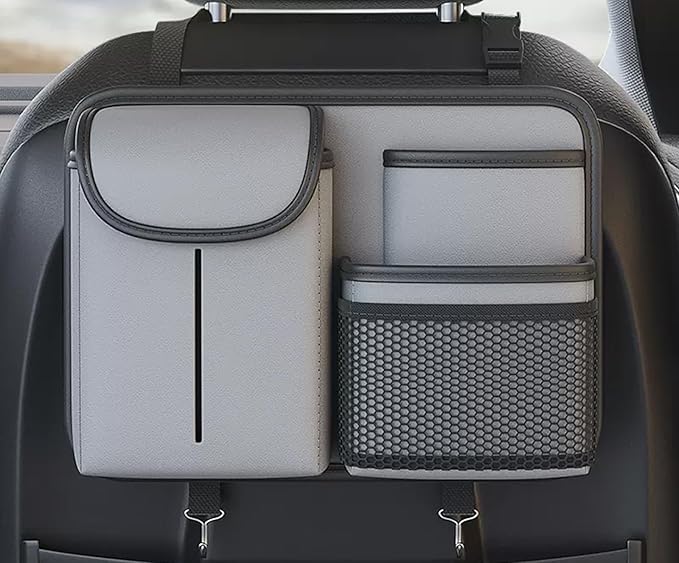 Premium Leather Car Seat Back Organizer with Cup and Tissue Holder, Multi-Pocket Storage with Adjustable Straps for SUVs, Trucks, Sedans (Grey)
