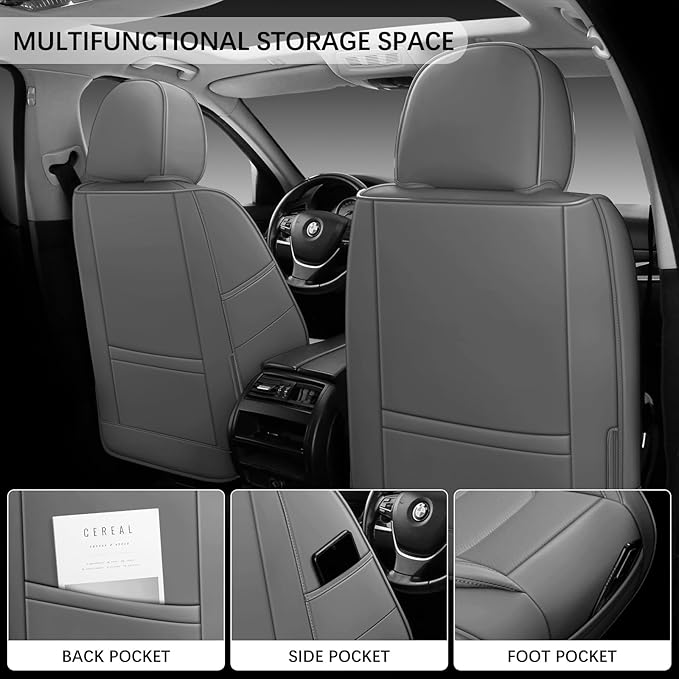 WENNFOUR Car Seat Covers Front Seats Only, Universal Luxury Automotive Car Seat Protector 2 Pack, Waterproof Breathable Leather Car Seat Cushion for Most Vehicles SUV Pick-up Truck, Grey