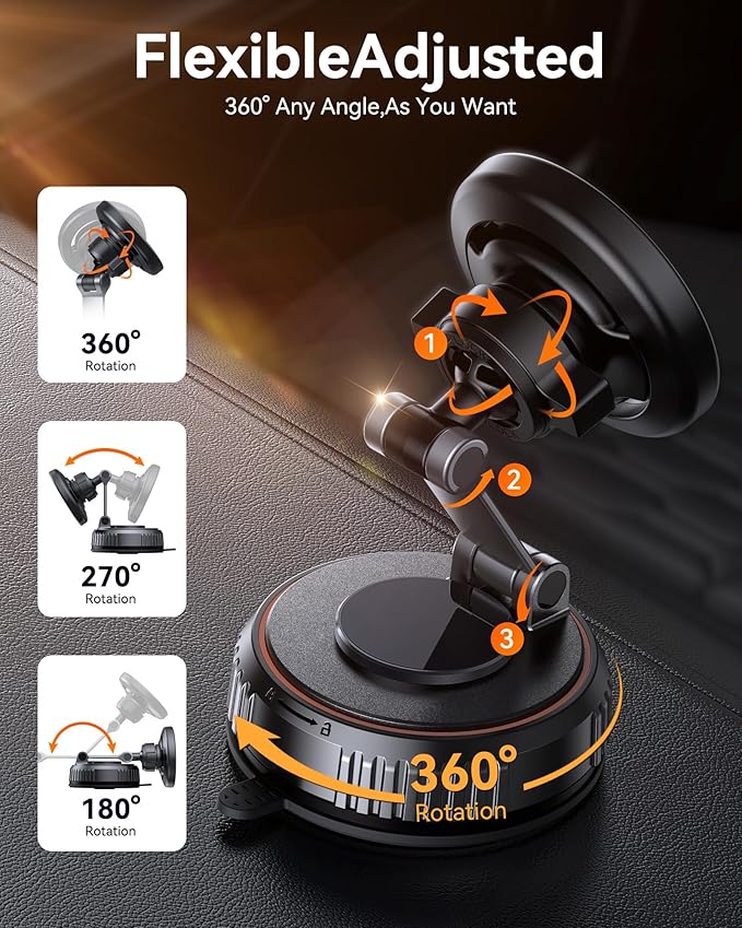 Miracase for Magsafe Car Mount, [Oversized Suction Base & 3600gf Magnetic] Vacuum Magnetic Phone Holders for Your Car, 360° Adjustable Cell Phone Mount for iPhone 17 Pro Max 16 15 14 13 12