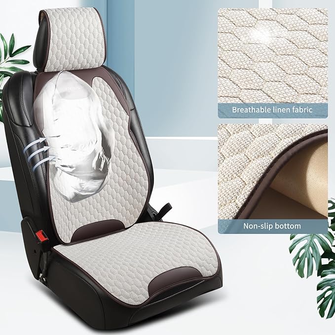 Gripure Breathable Linen Car Seat Cover Protector for Front Seats – Durable, Non-Slip, Airbag Compatible, Universal Fit for Sedans, SUVs, Pickups (2pcs, Beige)