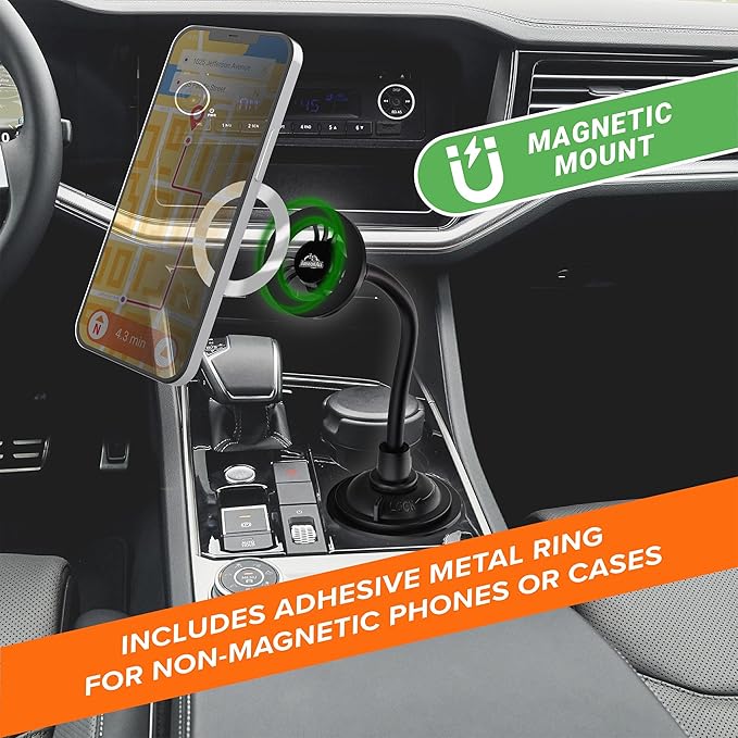 Armor All Magnetic Phone Mount for Car, Cupholder Phone Holder for MagSafe Phones, iPhones, Adjustable Gooseneck Design, Includes Universal Magnet Ring for Samsung, Non-Magnetic Phones, & Cases