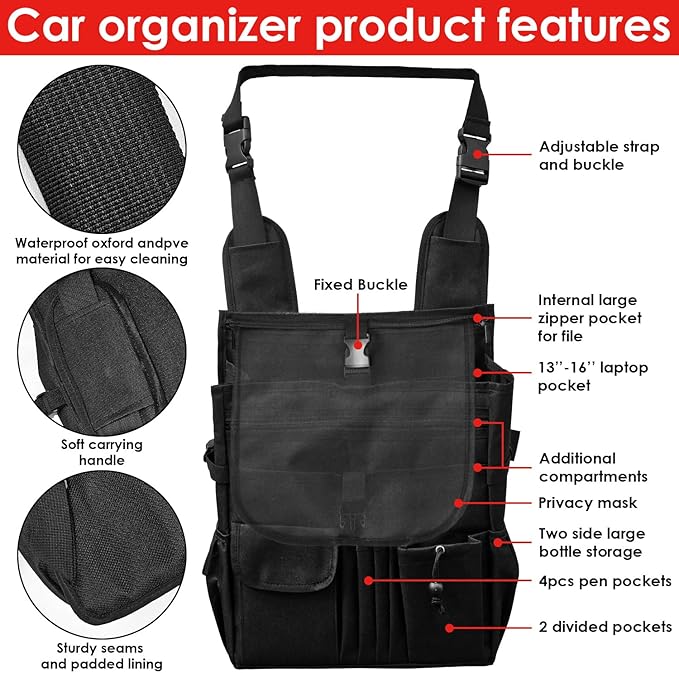Car Front Seat Organizer Seat Back Organizer, Protable Seat Storage Bag with Cover and Laptop Storage for Police Driver Office Travel Truck
