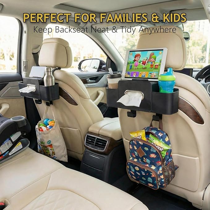 Backseat Car Organizer, 4 in 1 Multifunctional Car Back Seat Storage Organizer with Tissue Box, 2 Cup Holders, Phone Stand and Hooks, Automotive Seat Back Organizers (Brown)