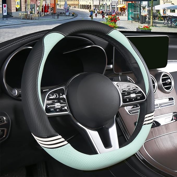 Cute Steering Wheel Cover D Shape for Women Men Breathable Universal 15 inch,Black and Green