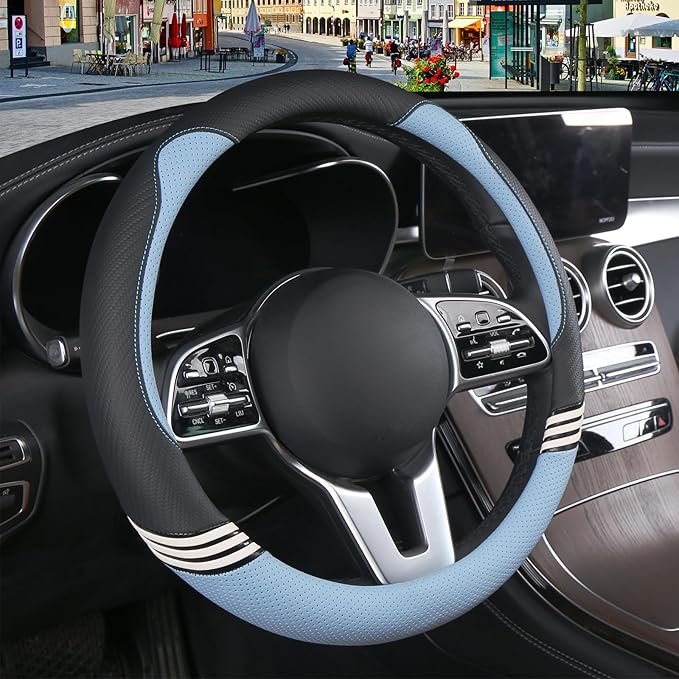 Cute Steering Wheel Cover for Women Men Leather Universal 15 inch,Black and Blue