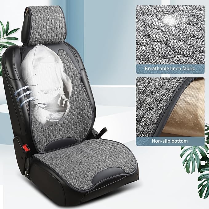 Gripure Breathable Linen Car Seat Cover Protector for Front Seats – Durable, Non-Slip, Airbag Compatible, Universal Fit for Sedans, SUVs, Pickups (2pcs, Gray)