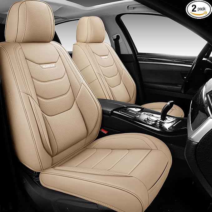 WENNFOUR Car Seat Covers Front Seats Only, Universal Luxury Automotive Car Seat Protector 2 Pack, Waterproof Breathable Leather Car Seat Cushion for Most Vehicles SUV Pick-up Truck, Beige