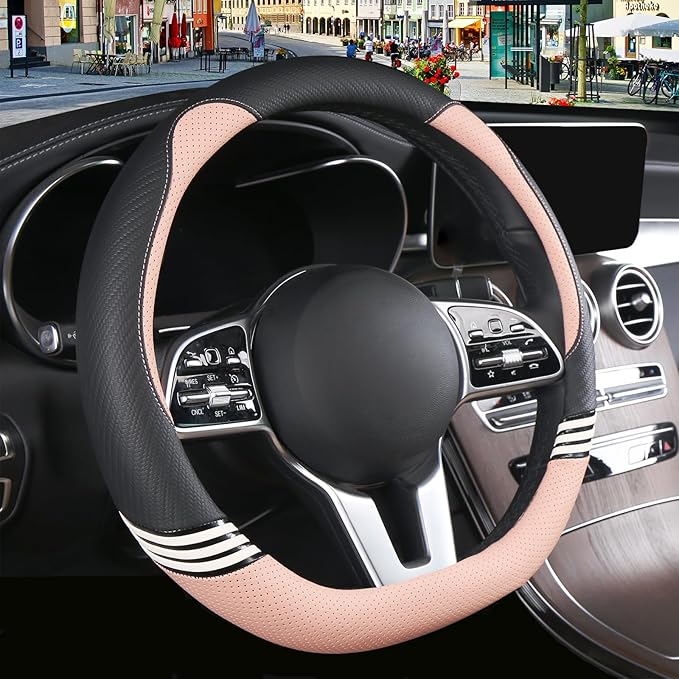 Cute Steering Wheel Cover D Shape for Women Men Breathable Universal 15 inch,Black and Pink