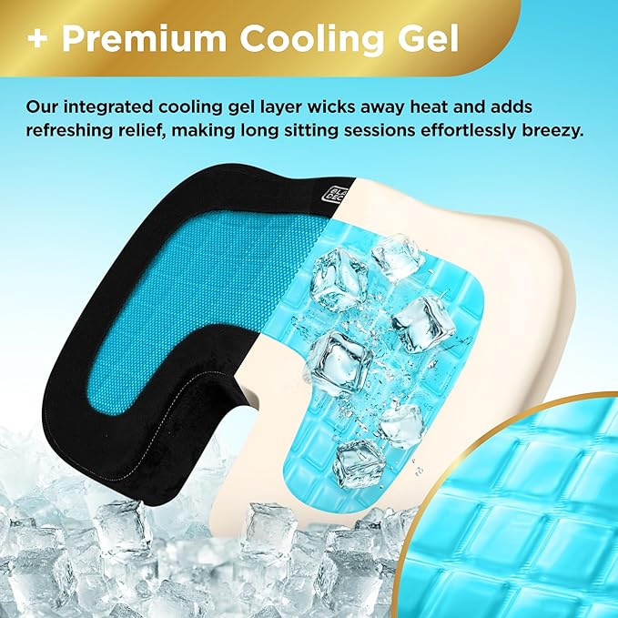 BLACK+DECKER Gel Seat Cushion – Gaming Chair & Office Chair Cushion with Cooling Memory Foam for Sciatica Pain Relief – Ergonomic Car, Desk, Airplane Travel Pillow, Washable Cover, Non-Slip