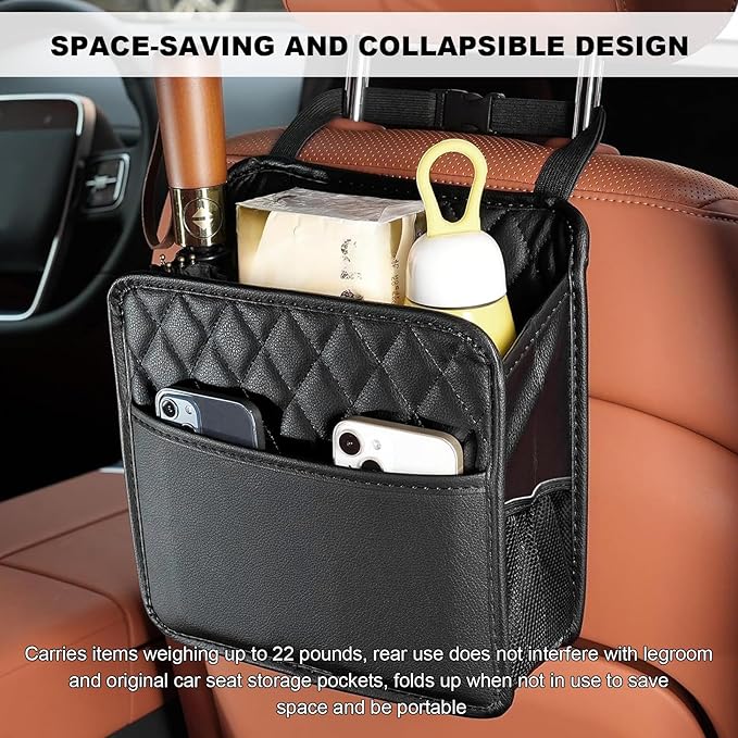 2 PCS Car Back Seat Organizer, Foldable Leather Backseat Hanging Storage Bag with Adjustable Strap, Multifunction Seat Back Organizer Large Capacity Storage Bag with Mesh Pocket