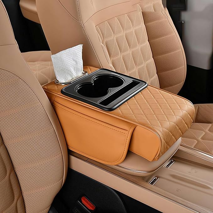 Multifunctional PU Leather Car Armrest Box Mat with Central Elbow,2026 New Universal Car Armrest Cover/Cushion/Organizer,5 in 1 Center Console Pad with Cup Holder,Fit for Most Cars, Suvs, Trucks