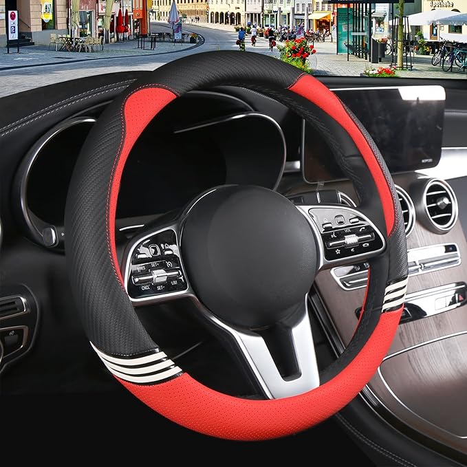 Cute Steering Wheel Cover for Women Men Leather Universal 15 inch,Black and Red