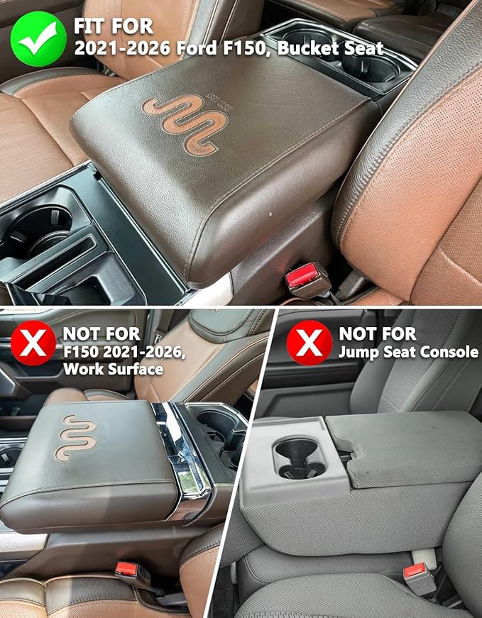 KBH Center Console Armrest Cover for 2021-2026 Ford F150, PU Leather, Middle Console Lid Protector, Arm Rest Cushion Thick Pad, King Ranch Brown (Fits Bucket Seat Console Only)