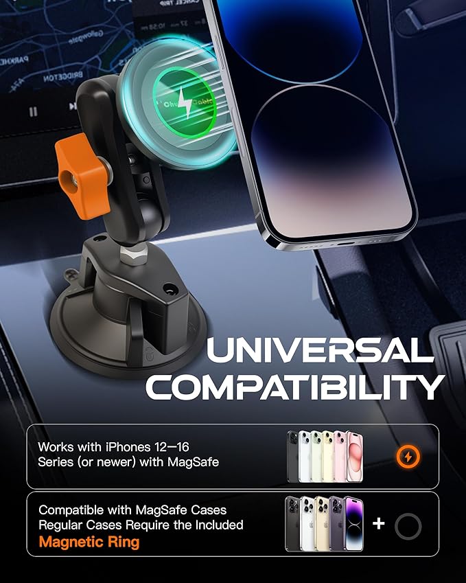chubbycable ChubbyGrip Magnetic Dash Mount Vacuum Magnetic Phone Holder for Your Car 360° Adjustable Suction Cup Car Phone Mount for Windshield Dashboard, Magnetic Phone Holder, Orange
