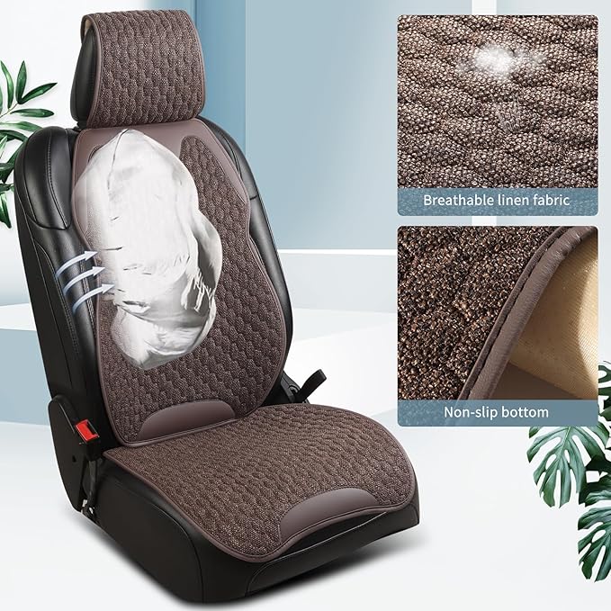 Gripure Breathable Linen Car Seat Cover Protector for Front Seats – Durable, Non-Slip, Airbag Compatible, Universal Fit for Sedans, SUVs, Pickups (2pcs,Brown)