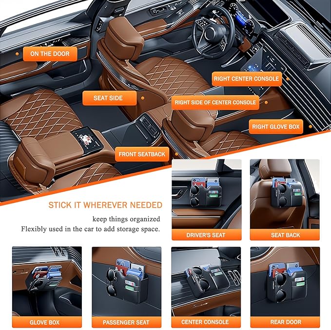 Tumecos Foldable Car Storage Box with Glasses Clip,Multifunctional Seat Back Organizer,Trash Can, Auto Door Side Pocket,Storage Bag,Car Accessories Organizer Box