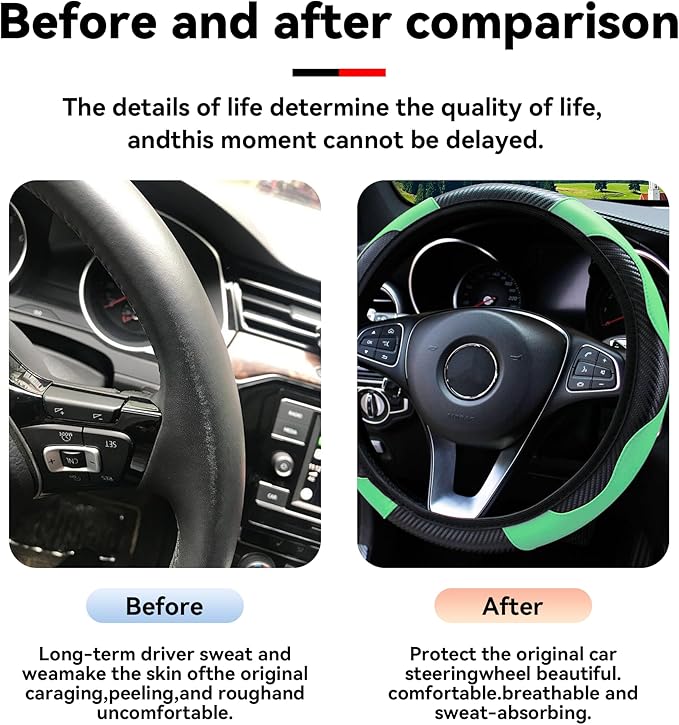 Car Steering Wheel Cover, 15 inch Carbon Fiber Microfiber PU Leather Elastic Steering Wheel Protector for Men Women, Anti-Slip Breathable Car Interior Accessories for Most Cars (Green)