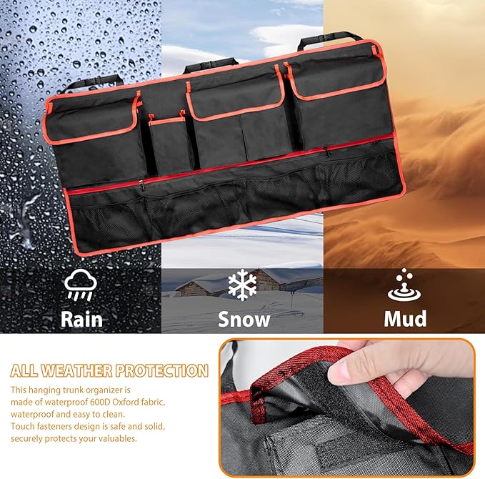 Back Seat Organizer Compatible with SUV Hanging Trunk Storage Bag, All-Weather Trunk Accessories Seat Back Organizer for SUV, Car Interior Accessories(Black and Red)