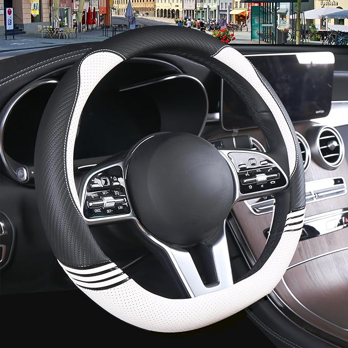 Cute Steering Wheel Cover D Shape for Women Men Breathable Universal 15 inch,Black and White