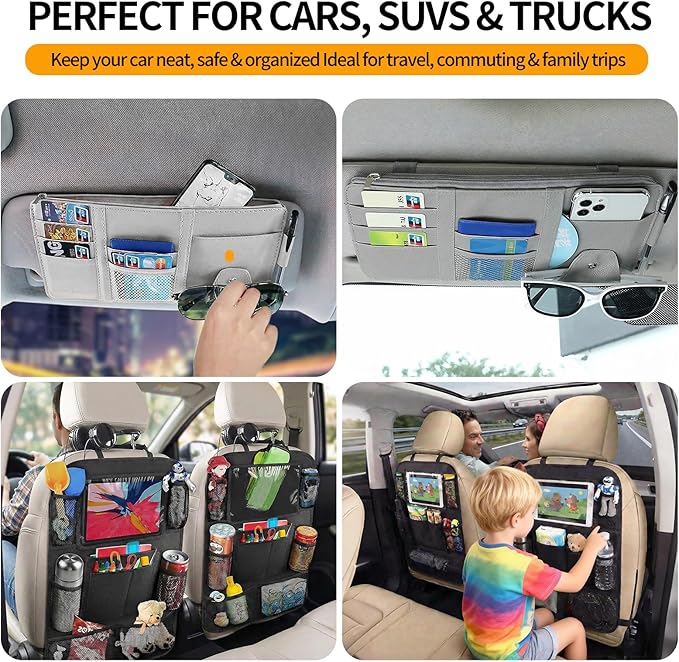 AZY 2pcs Car Organizer Set – Waterproof Oxford Backseat Storage Bag & PU Leather Visor Organizer, Multi-Pocket Seat Back Organizer for Travel, Road Trips & Daily Use