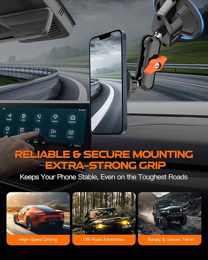 chubbycable ChubbyGrip Magnetic Dash Mount Vacuum Magnetic Phone Holder for Your Car 360° Adjustable Suction Cup Car Phone Mount for Windshield Dashboard, Magnetic Phone Holder, Orange
