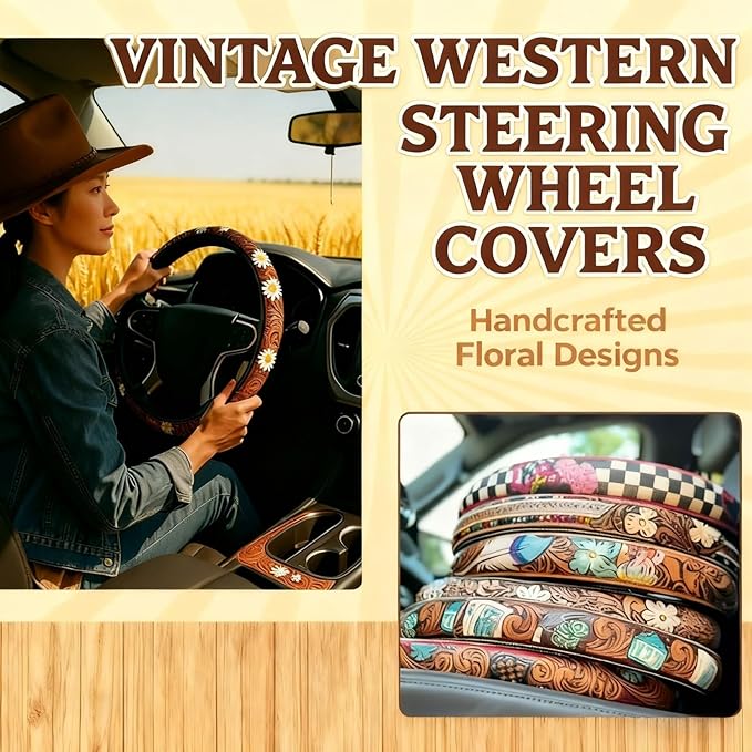 Retro Western Cowboy Car Universal Steering Wheel Cover – Western Steering Wheel Cover for Men & Women - 15 Inch Embossed Leather Anti-Slip Grip–Universal Fit for Truck, SUV, Car (D)