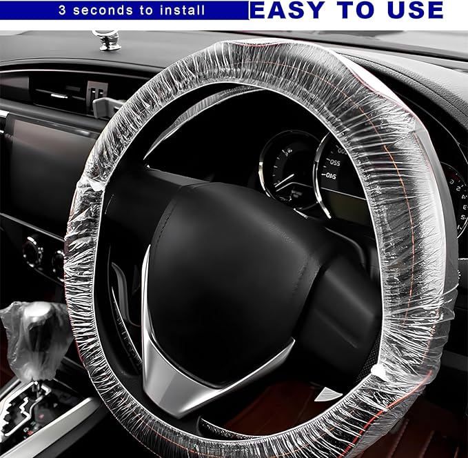 100PCS Universal Disposable Steering Wheel Cover, Plastic Transparent Car Steering Wheel Protector with Elastic Trims, Steering Wheel Covers for Automotive Service Body Shops