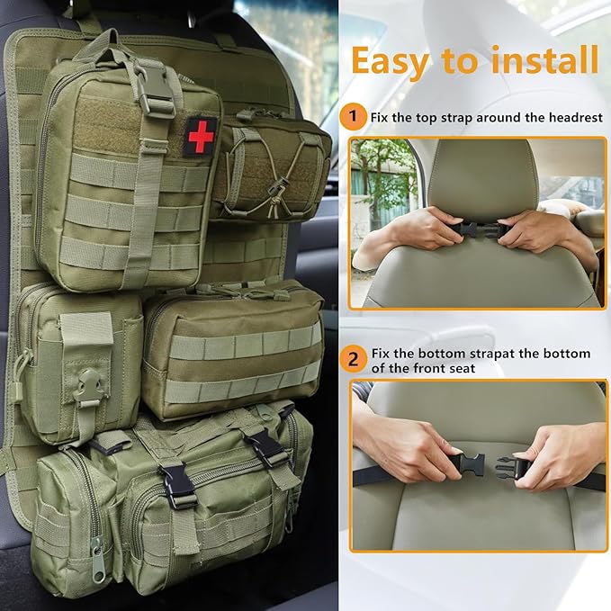 truck seat organizer and storage tactical car back seat back organizer with a Molle Vehicle Panel and 5 Different Size Molle Pouches for most models such as Jeep,SUV,Pickup(Army green)