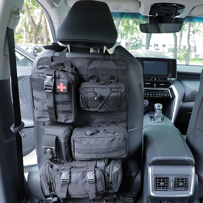 truck seat organizer and storage tactical car back seat back organizer with a Molle Vehicle Panel and 5 Different Size Molle Pouches for most models such as Jeep,SUV,Pickup (Black)
