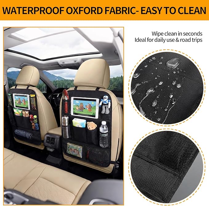 AZY 2pcs Car Organizer Set – Waterproof Oxford Backseat Storage Bag & PU Leather Visor Organizer, Multi-Pocket Seat Back Organizer for Travel, Road Trips & Daily Use