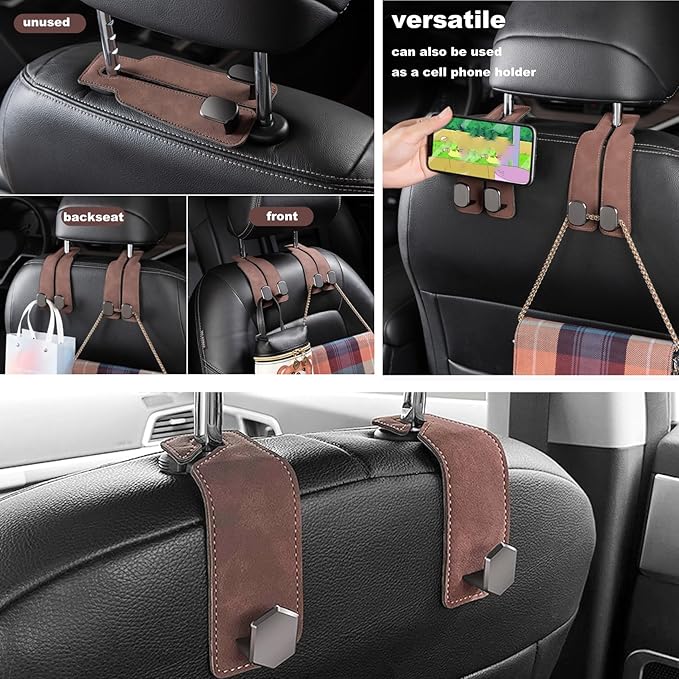 3PCS Car Seat Back Hook, Leather Car Seat Organiser Hooks, Universal Car Back Seat Headrest Hanger ,Car Seat Purse Hook,Car Hanger Storage Car Seat Back Organizer for Bags,Purses, Handbags (Brown)