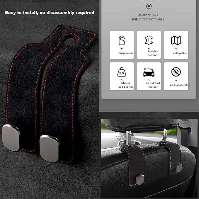 3PCS Car Seat Back Hook, Leather Car Seat Organiser Hooks, Universal Car Back Seat Headrest Hanger ,Car Seat Purse Hook,Car Hanger Storage Car Seat Back Organizer for Bags,Purses, Handbags (Black)