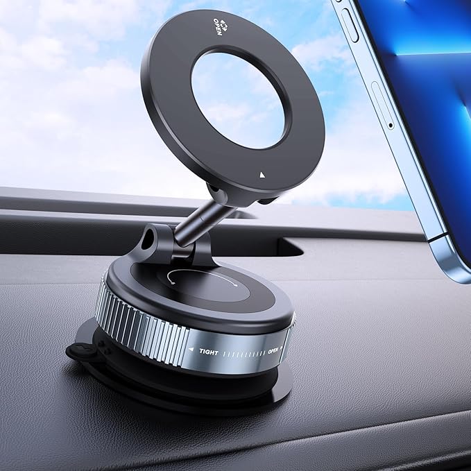 Upgraded Vacuum Magnetic Car Phone Holder, 360° Rotation Suction Phone Mount, Foldable Magnetic Phone Stand for Your Car/Gym/Mirror/Shower for Smartphone (Black)