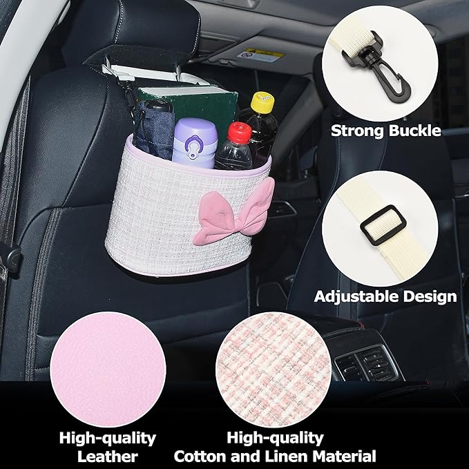 Multifunctional Car Seat Back Organizer Storage Bag Vintage Cotton Linen Hanging Vehicle Organizer for Vehicles Interior Organizer Accessories, Pink Linen Fabric