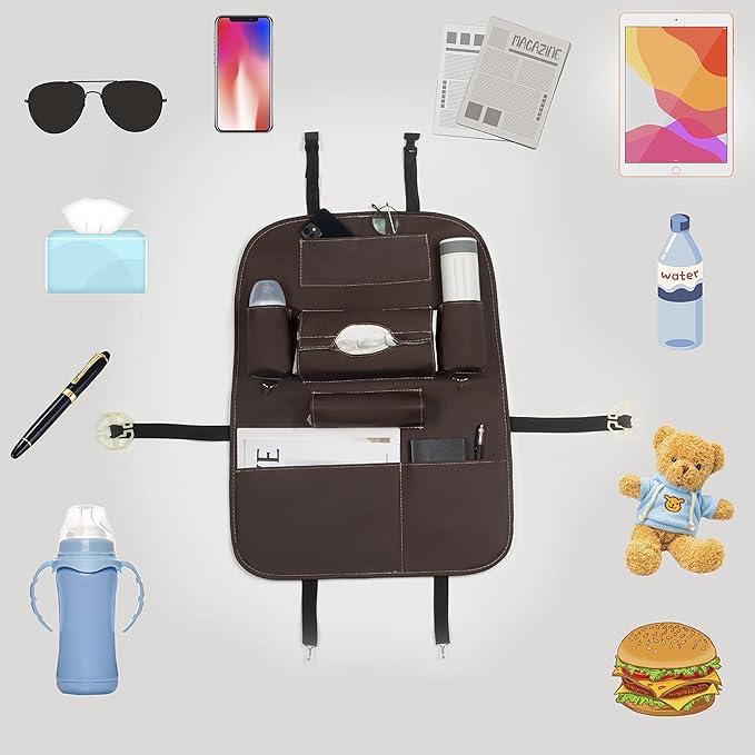 Backseat Car Organizer, Black Backseat Organizers PU Leather Storage Bag Holder Pocket Back Seat Protector Kick Mats Seat Back Organizer for Kids