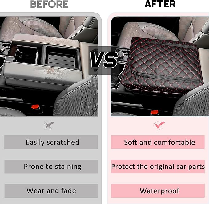 SENSHINE Center Console Armrest Cover for Toyota Tundra 2022-2026/Sequoia 2023-2026 Armrest Seat Stroage Box Cushion Lid Protector Pad with Zipper Leather Interior Accessories, Red Stitches